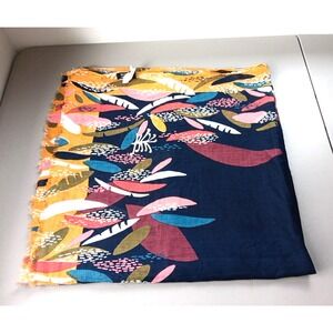 Galeries Lafayette Paris Sheer‎ Scarf Navy Blue Leaf 100% Cotton Fringe Artsy